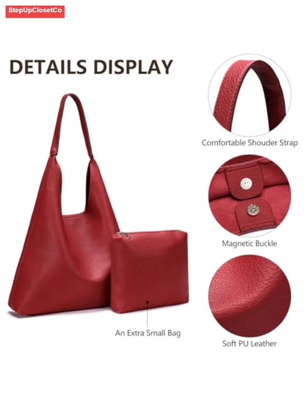 Women's Hobo Handbag Soft Faux Leather Slouchy Shoulder Tote with Cosmetic Bag